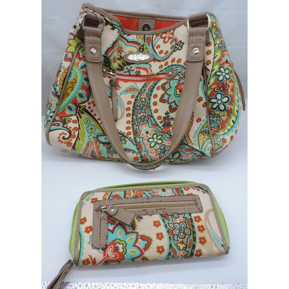 Spartina 449 Linen & Leather Floral Paisley Print Handbag w/matching Wallet read - Picture 1 of 7